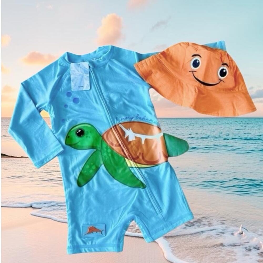 Tommy Bahama Baby Turtle Sunsuit Orange Smiley Sun Hat 6/12 NWT